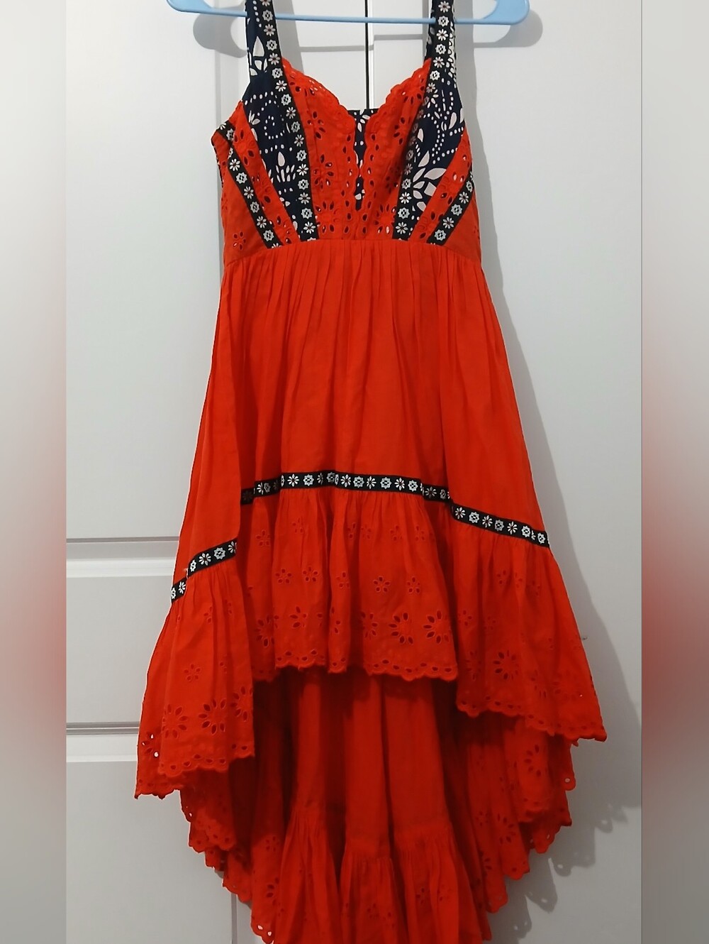 Red Boho Eyelet Maxi Dress with Contrast Trim
